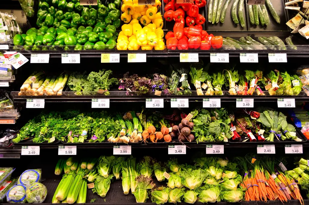 Produce shelves, stocked for the morning rush